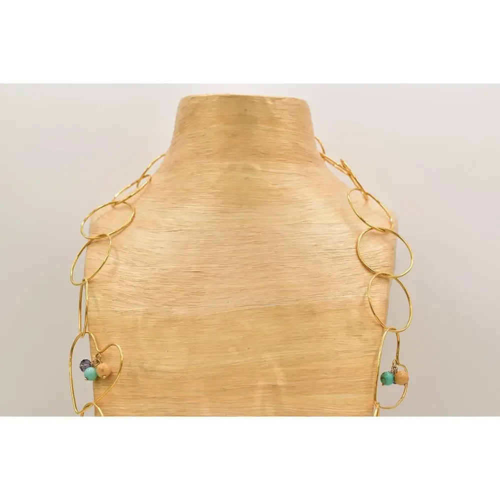 Vintage Heart Dangle Beaded Necklace Linked Gold Tone Chain Chunky 1980s BinBL
